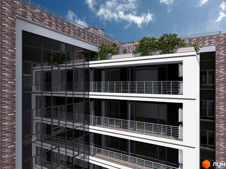 Новобудова ЖК Central Park – фасад з панорамним склінням та цегляним оздобленням. Балкони з металевими перилами та зелені насадження на даху.