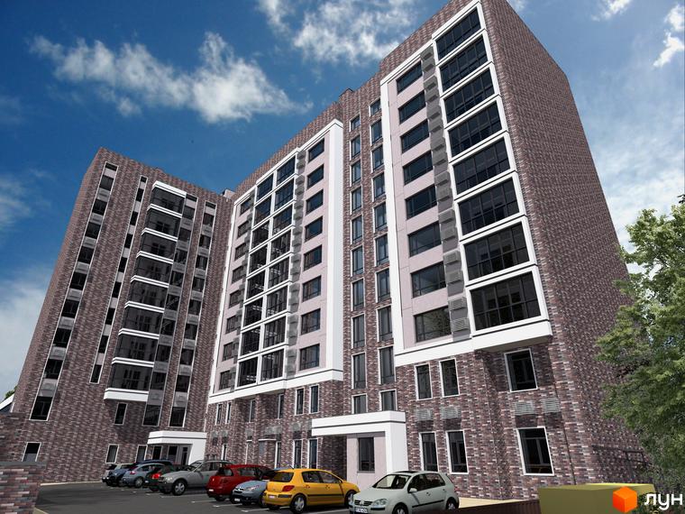 Новобудова Central Park з цегляним фасадом та великими вікнами. На прибудинковій території розташовані автомобілі.