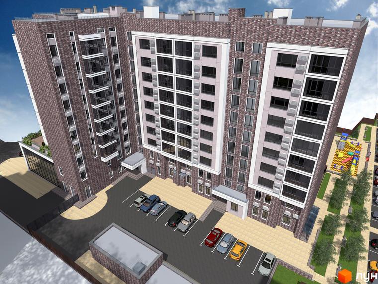 Зовнішній вигляд житлового комплексу Central Park з цегляним фасадом, великими вікнами та балконами. Прибудинкова територія з парковкою, дитячим майданчиком та зеленими насадженнями.