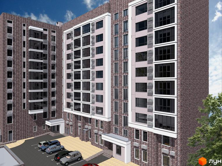 Житловий комплекс Central Park з цегляним фасадом та великими вікнами. Перед будинком розташований паркінг з автомобілями.