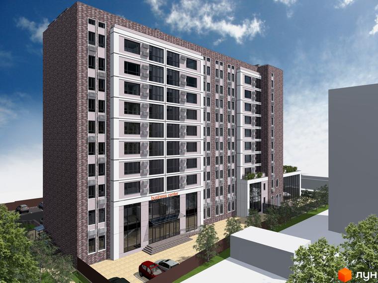 Зовнішній вигляд новобудови ЖК Central Park з цегляним фасадом та великими вікнами. Навколо будівлі розташовані дерева та прибудинкова територія.