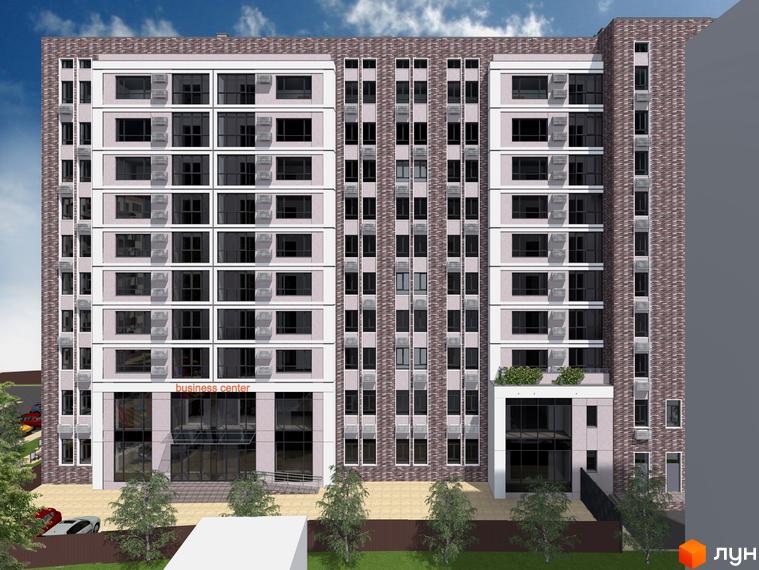 Фасад новобудови ЖК Central Park з цегляним оздобленням та великою кількістю вікон. Навколо будинку зелені насадження та прибудинкова територія.