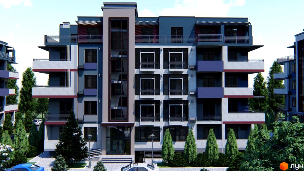 Зовнішній вигляд житлового комплексу Smart City з балконами та вікнами, зелені насадження та дерева навколо будівлі.