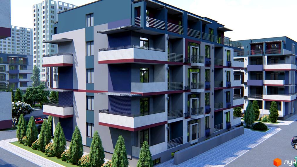 Житловий комплекс Smart City – це сучасна багатоповерхова будівля з балконами та панорамними вікнами, розташована серед зелених насаджень та доглянутої прибудинкової території.