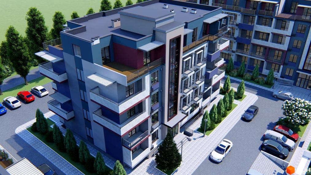 Зовнішній вигляд новобудови Smart City з балконами та парковкою. Навколо будинку зелені насадження та дерева.