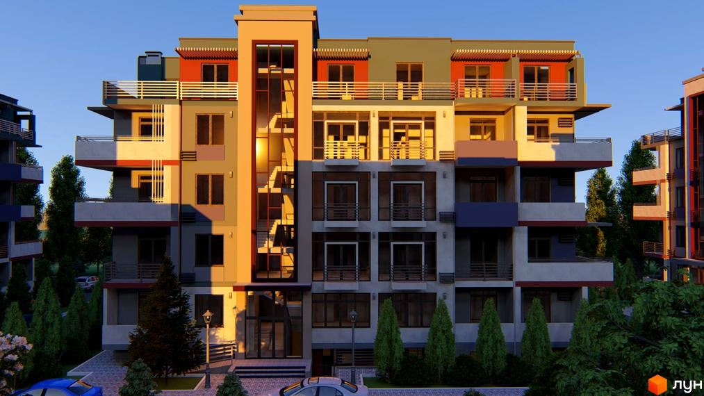 Зовнішній вигляд будинку житлового комплексу Smart City з балконами та вікнами. Навколо будинку зелені насадження та дерева.