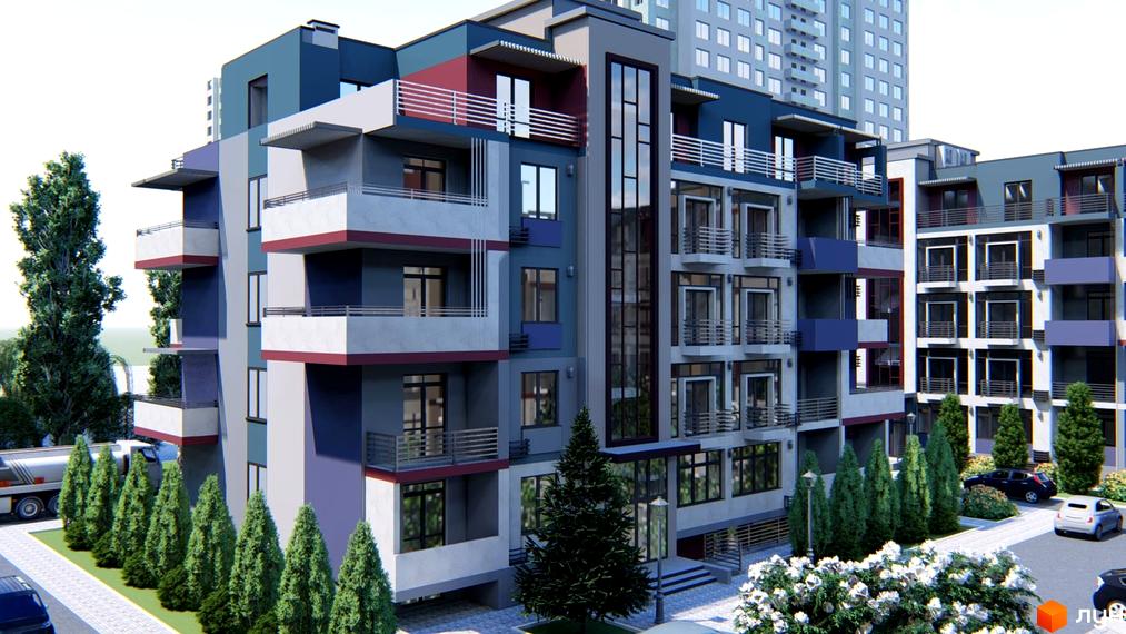 Житловий комплекс Smart City – це багатоповерхова новобудова з балконами та панорамними вікнами. На прибудинковій території розташовані зелені насадження та місця для паркування.