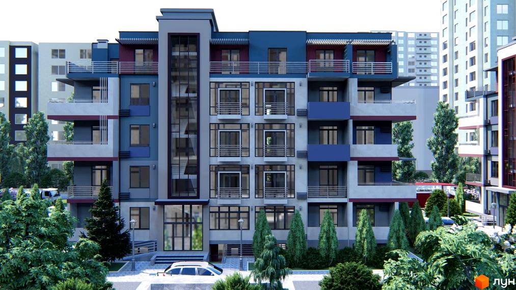 Зовнішній вигляд новобудови ЖК Smart City з балконами та вікнами, зелена прибудинкова територія з деревами та автомобілями.