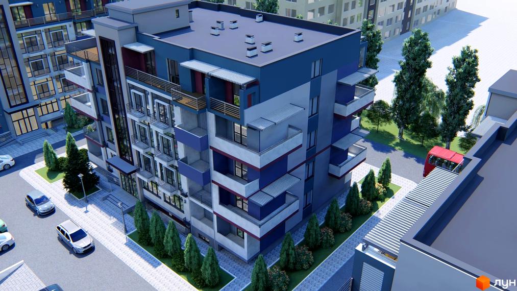 Зовнішній вигляд житлового комплексу Smart City з балконами та паркуванням. Навколо будинку розташовані зелені насадження та дерева.