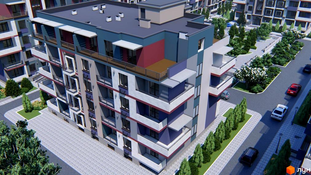 Житловий комплекс Smart City: фасади будівель з балконами та вікнами, прибудинкова територія з деревами та автомобілями.