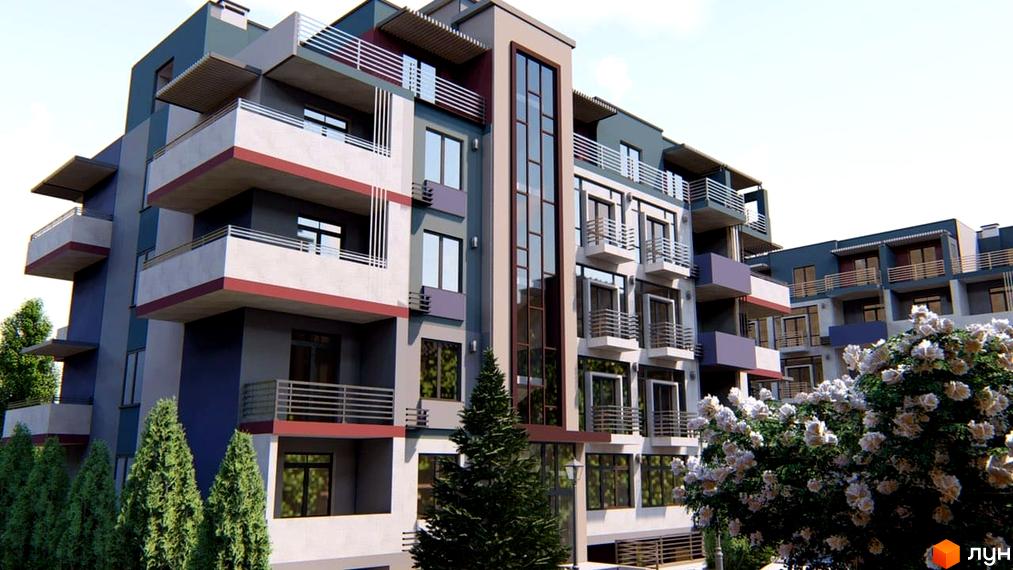 Зовнішній вигляд житлового комплексу Smart City з балконами та вікнами. Навколо будівлі зелені дерева та кущі з квітами.