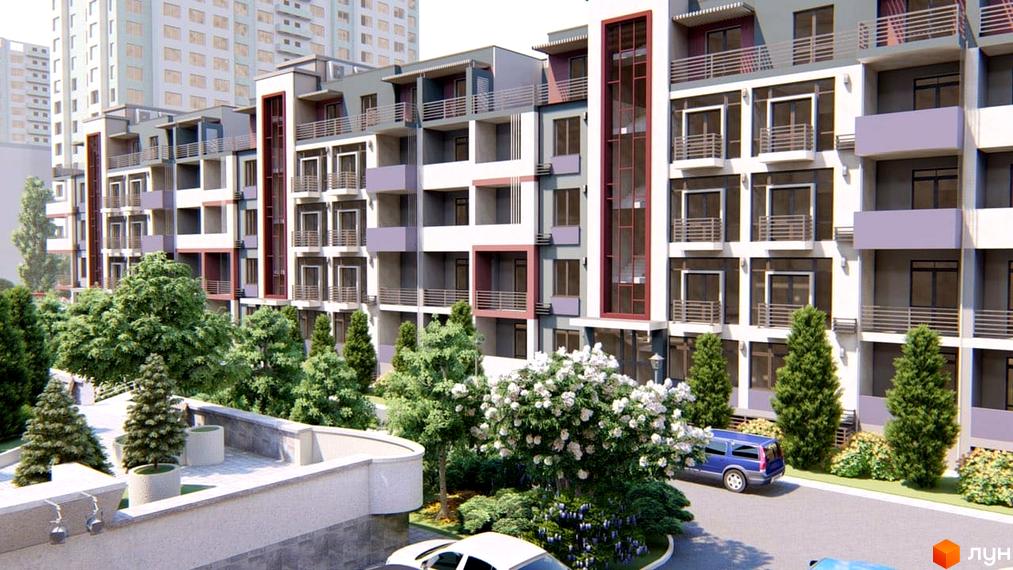 Житловий комплекс Smart City з фасадами сірого, білого та фіолетового кольорів, з численними балконами та зеленими деревами навколо. На території комплексу видно синій автомобіль та білий седан.