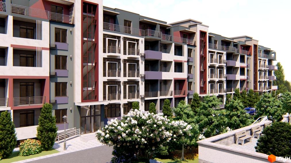 Зовнішній вигляд новобудови ЖК Smart City з балконами та вікнами, зелена прибудинкова територія з деревами та лавками.