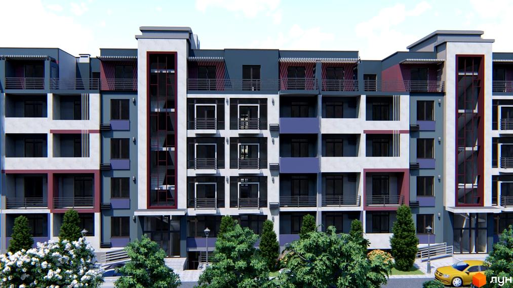 Житловий комплекс Smart City - фасади будівель з балконами та вікнами, прибудинкова територія з деревами та автомобілем.