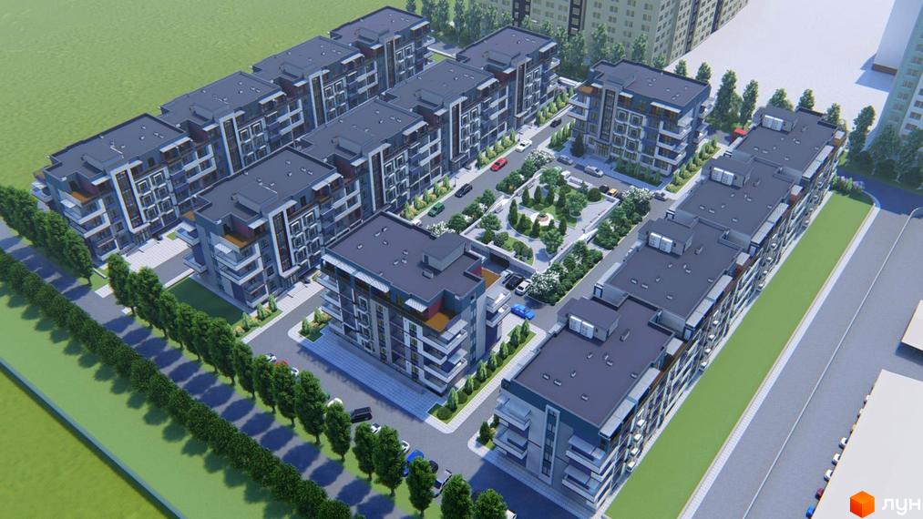Житловий комплекс Smart City з багаторівневими будинками та упорядкованою прибудинковою територією з деревами та зонами відпочинку.