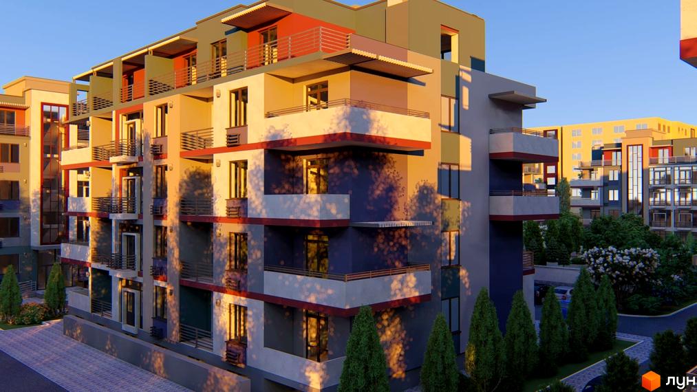 Житловий комплекс Smart City з фасадами світло-сірого, темно-синього та червоного кольорів, з балконами та вікнами. Навколо комплексу зелені насадження та доглянута прибудинкова територія.