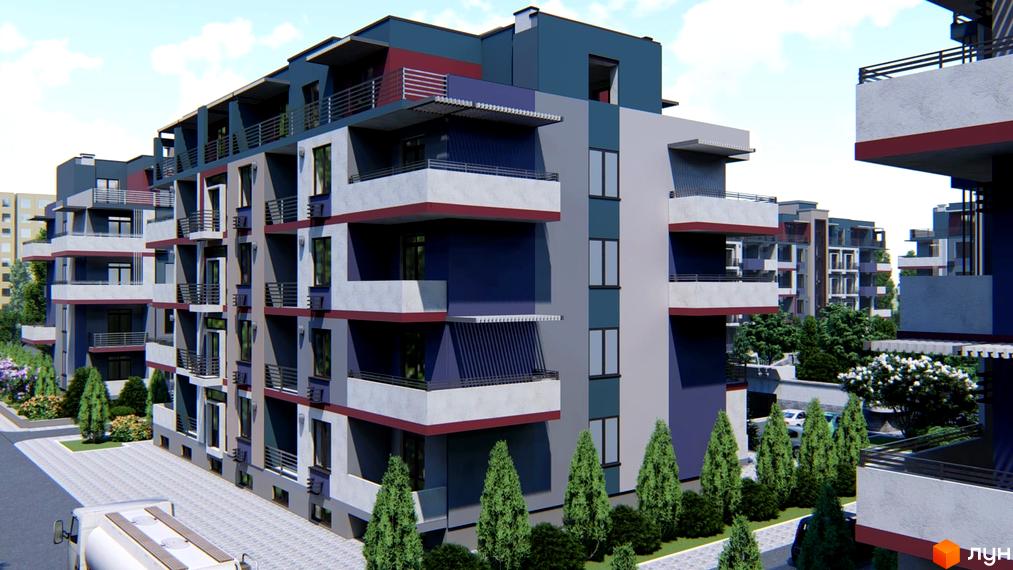 Зовнішній вигляд будинку ЖК Smart City з балконами та вікнами на тлі неба та дерев. Прибудинкова територія з деревами та бруківкою.