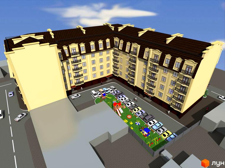 Багатоповерхова будівля житлового комплексу з балконами та паркуванням. На території є дитячий майданчик та зелені насадження.