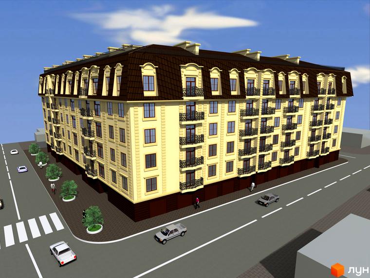 Житловий комплекс ім. Яна - фасади будинку з балконами та мансардним дахом, зелена прибудинкова територія з деревами та дорогою.