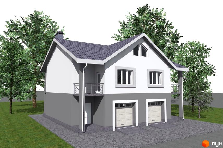 Двоповерховий будинок з двома гаражами та балконом, розташований серед дерев. Фасад будинку пофарбований у білий та сірий кольори, дах - темно-сірий.
