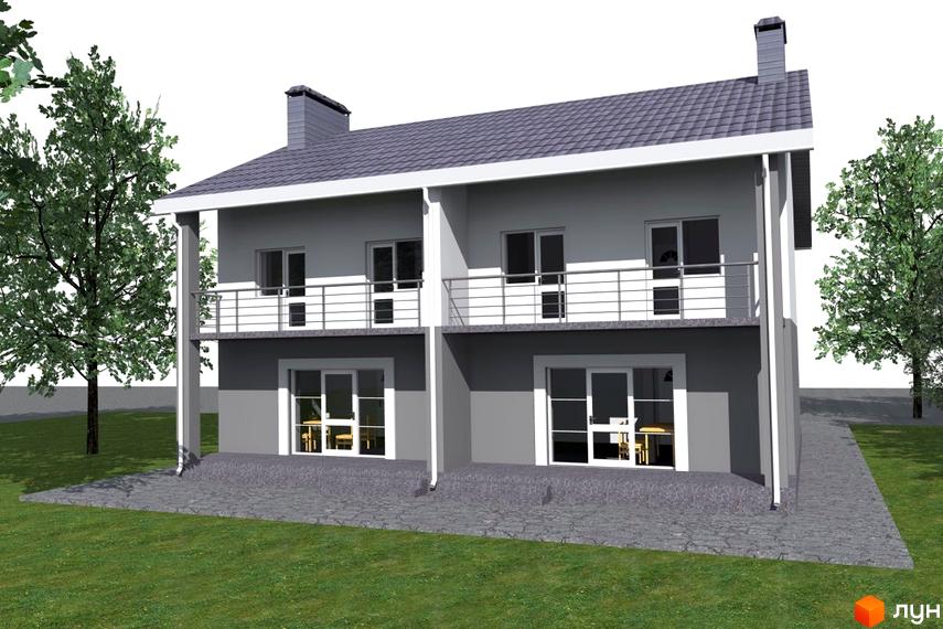 Зовнішній вигляд дуплексів «8 Березня» з балконами та великими вікнами, оточених зеленою галявиною та деревами.