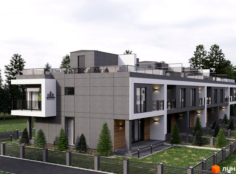 Зовнішній вигляд котеджного комплексу КМ Капітель (Гонти) з сучасними фасадами та прибудинковою територією з зеленими насадженнями.