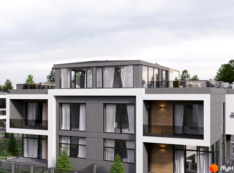 Зовнішній вигляд новобудови КМ Капітель (Гонти) з великими вікнами та балконами. Навколо будинку зелені насадження та паркан.