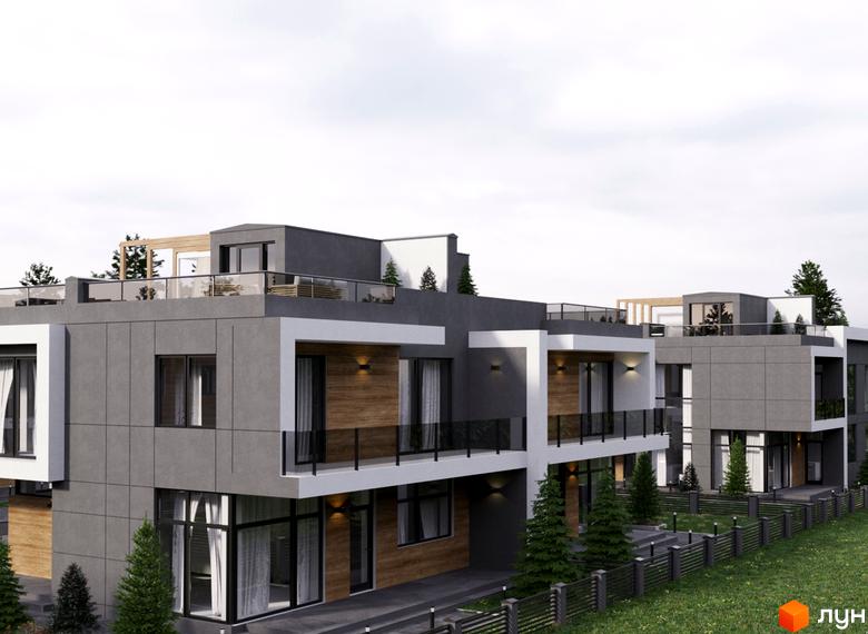 Котеджне містечко Капітель (Гонти) - фасади будинків з сірим оздобленням та дерев'яними елементами, балкони зі скляними огорожами, зелена прибудинкова територія.