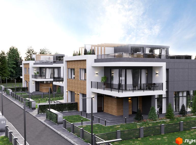 Котеджне містечко Капітель (Гонти) - фасади будинків з панорамними вікнами та терасами, огороджена територія з газоном та парканом.