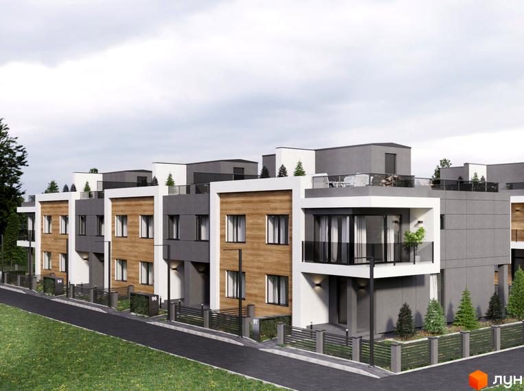 Зовнішній вигляд котеджного містечка Капітель (Гонти) з фасадами з дерева та сірого кольору, вікнами та балконами. Поряд розташована огороджена територія та зелена зона.