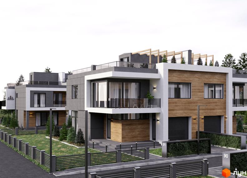 Котеджне містечко КМ Капітель (Гонти) - сучасні будинки з дерев'яними фасадами та скляними балконами. Озеленена територія з парканом та доглянутим газоном.