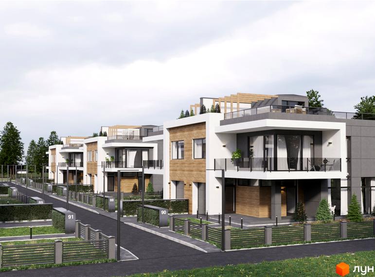 Зображення фасаду будинків в Котеджному містечку Капітель (Гонти). Будинки з білими стінами, дерев'яними панелями та скляними балконами. На території є зелені насадження та дорога.