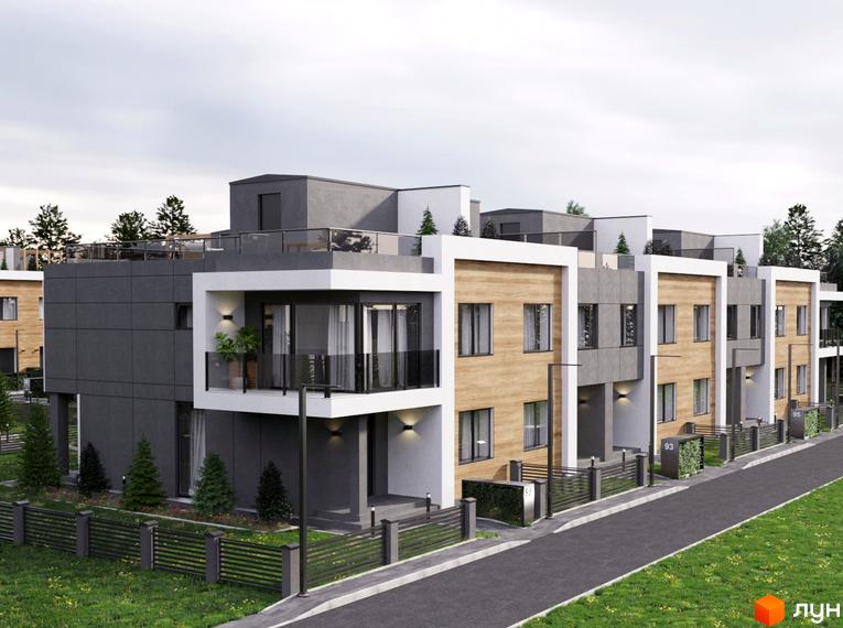 Котеджне містечко Капітель (Гонти) - фасади будинків з дерев'яними та сірими елементами, огороджена територія з доглянутим газоном та дорогою.