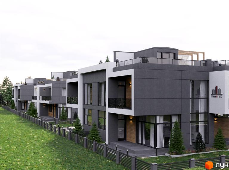 Котеджне містечко Капітель (Гонти) – фасади будинків з великими вікнами та балконами, огороджена територія з газоном та деревами. Ознайомтеся з проєктом новобудови.