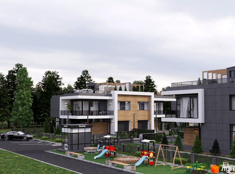 Зображення сторінки житлового комплексу КМ Капітель (Гонти). Малоповерхові будинки з терасами та дитячим майданчиком на території.