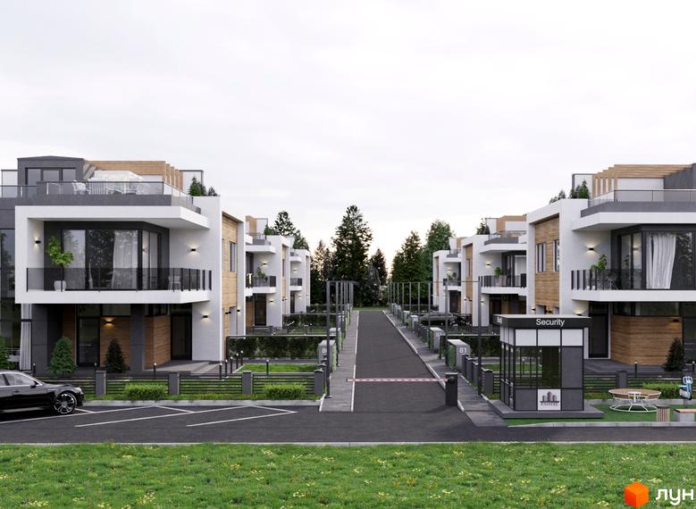 Котеджне містечко Капітель (Гонти) з будинками з білими фасадами, терасами та огородженою територією з парковкою та зеленою зоною.