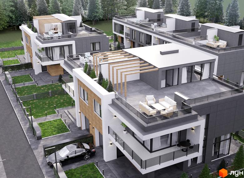 Зображення Котеджного містечка Капітель (Гонти). Сучасні будинки з терасами, панорамними вікнами та доглянутою прибудинковою територією з газонами та парканом.