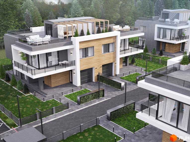 Котеджне містечко Капітель (Гонти) - сучасні триповерхові будинки з терасами та панорамними вікнами, упорядкована прибудинкова територія з газонами та огорожею.