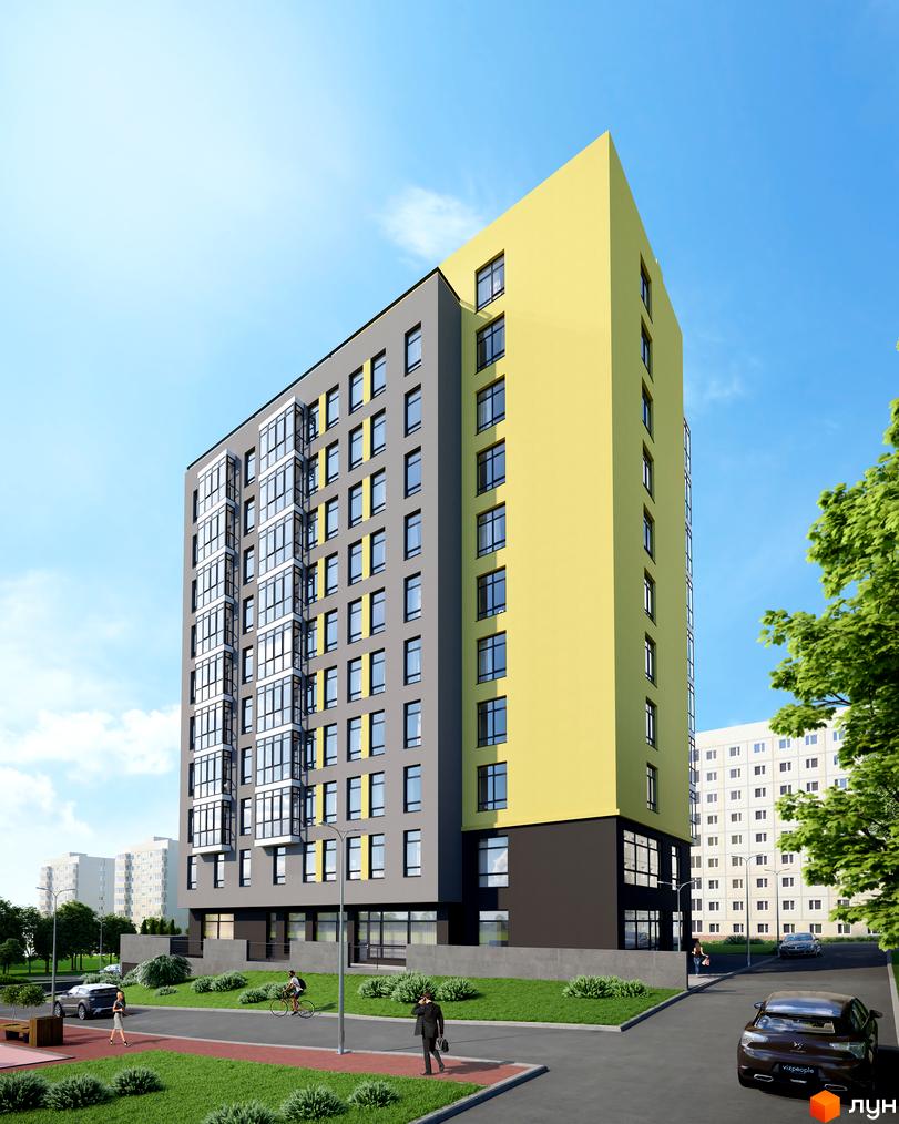 Зовнішній вигляд житлового комплексу Topolis: сірий фасад з жовтими вставками та кутовим елементом. Прибудинкова територія з озелененням.