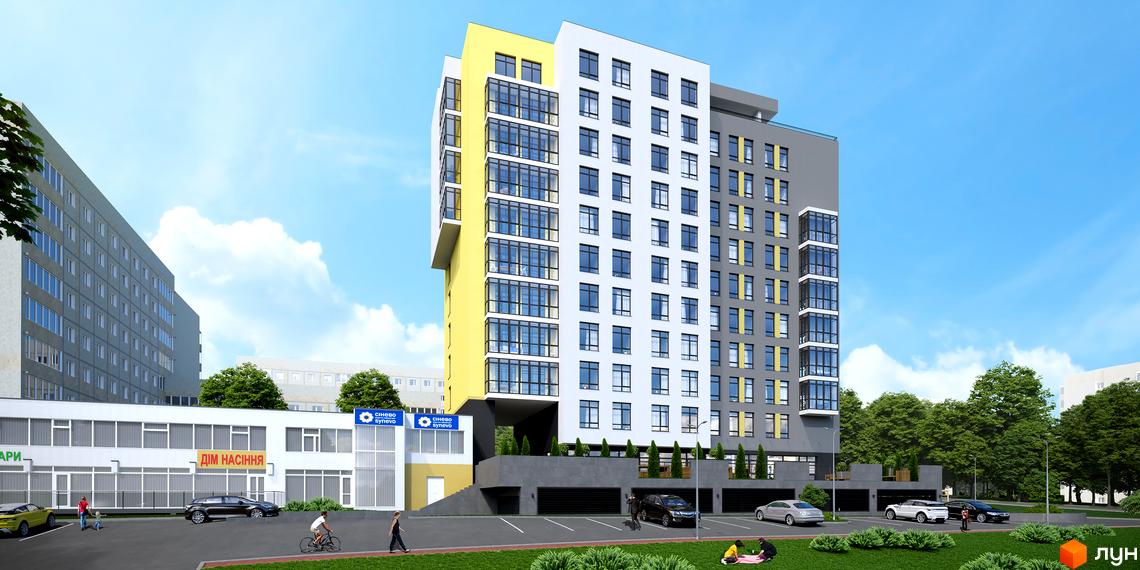 Висотна будівля ЖК Topolis з білими, жовтими та сірими фасадами. На території є парковка, зелені насадження та будівлі з магазинами.