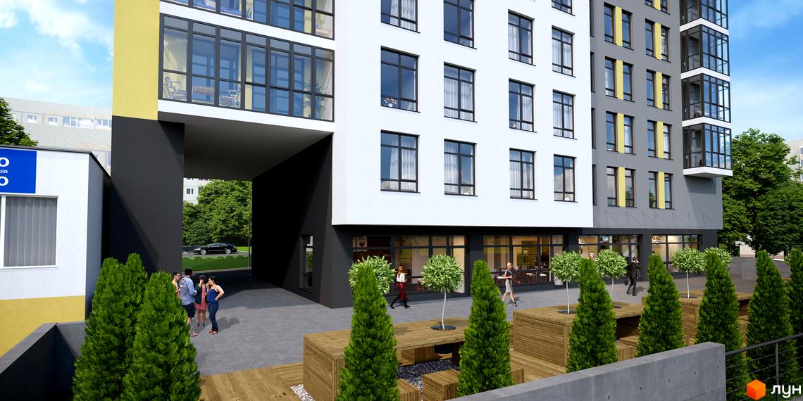 Висотна будівля ЖК Topolis з білими та сірими фасадами. На прибудинковій території розташовані зелені насадження та зони відпочинку.