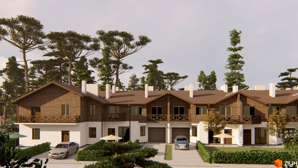 Котеджне містечко Bruhsell: фасади будинків виконані з комбінації білої штукатурки та коричневого дерева, з балконами. Територія облаштована зеленню та дорогами.