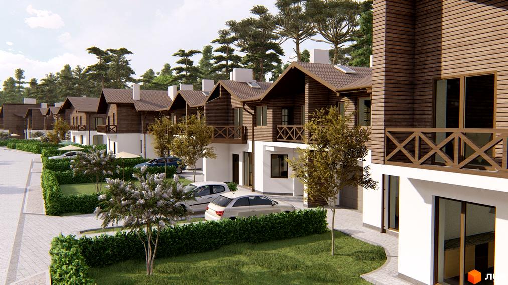 Котеджне містечко КМ Bruhsell: двоповерхові будинки з дерев'яним фасадом та балконами, зелені газони та доглянуті кущі. Поруч розташовані автомобілі та брукована доріжка.