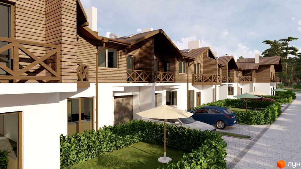 Котеджне містечко Bruhsell: будинки з дерев'яною обробкою та білим фасадом, балконами. Прибудинкова територія з газонами та вимощеною дорогою.