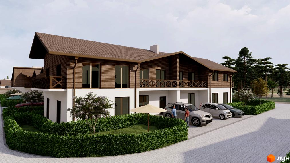 Котеджне містечко Bruhsell: двоповерхові будинки з дерев'яним фасадом та білим низом. Прибудинкова територія має парковку та зелені зони.