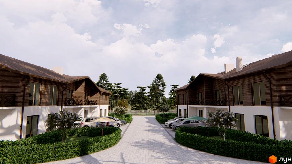 Котеджне містечко Bruhsell: двоповерхові будинки з коричневим дерев'яним фасадом та білим цоколем. Дорога з бруківки, зелені насадження та авто.