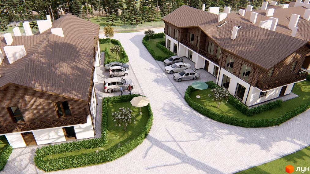 Котеджне містечко Bruhsell: двоповерхові будинки з коричневими дахами та дерев'яним оздобленням, білі стіни. На території бруківка, зелені газони та припарковані автомобілі.