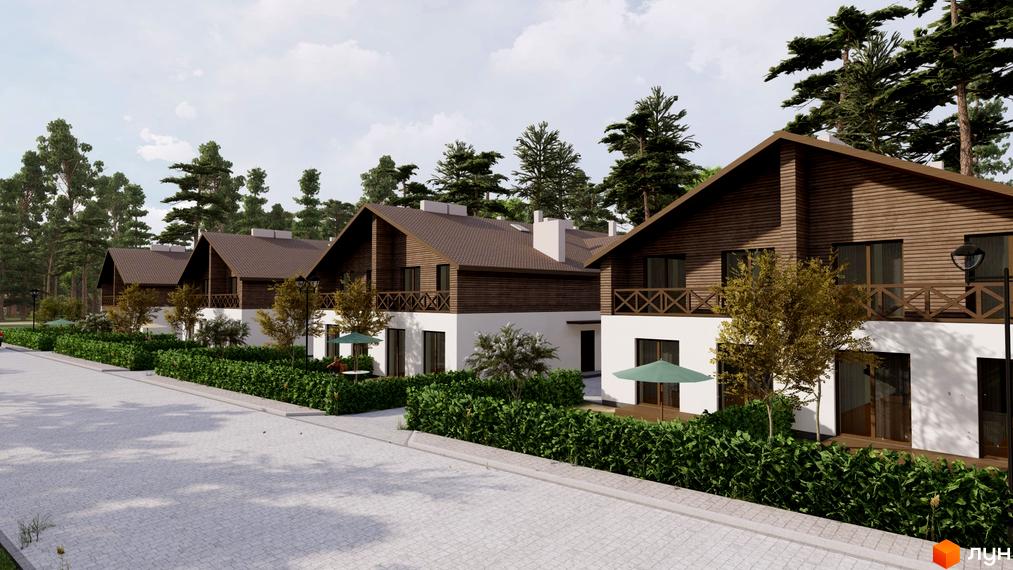 Котеджне містечко КМ Bruhsell: сучасні двоповерхові будинки з дерев'яним оздобленням та зеленими зонами. Затишна прибудинкова територія з кущами та деревами.