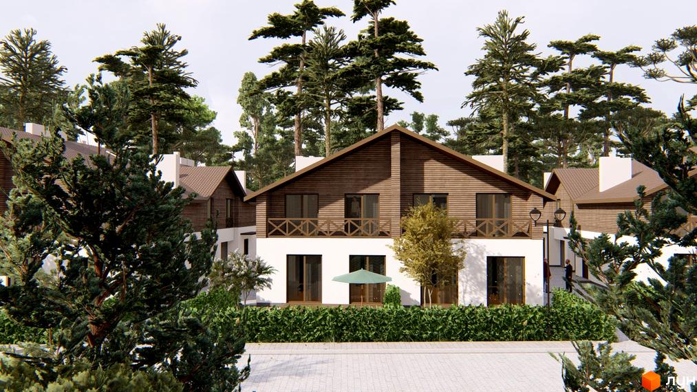 Котеджне містечко КМ Bruhsell: двоповерхові будинки з дерев'яним фасадом, балконами та великими вікнами. Навколо будівель зелені насадження та дерева.