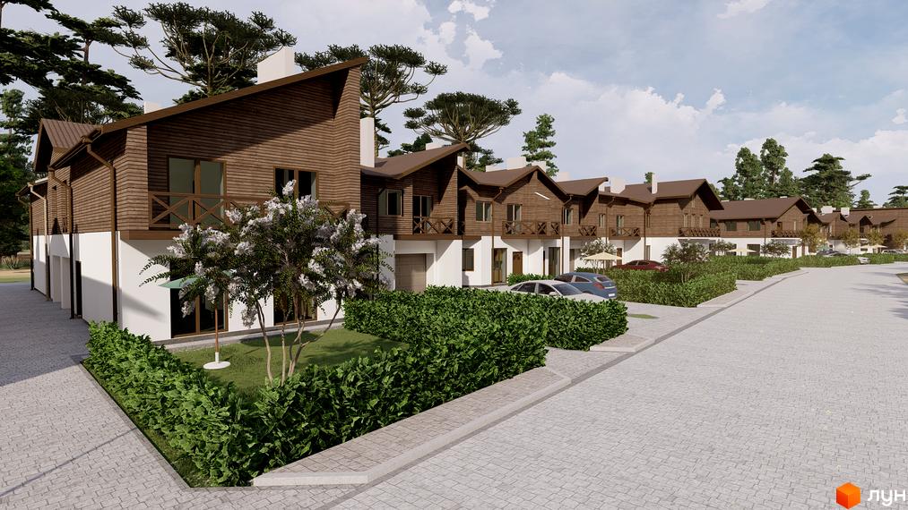 Котеджне містечко КМ Bruhsell: дерев'яні будинки з білими цоколями та балконами. Прибудинкова територія з доглянутими кущами, газоном та бруківкою.